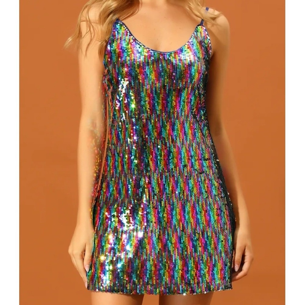 Allegra K Womens XXXL Rainbow Sequin Mini Dress Adjustable Strap‎  Glam Party